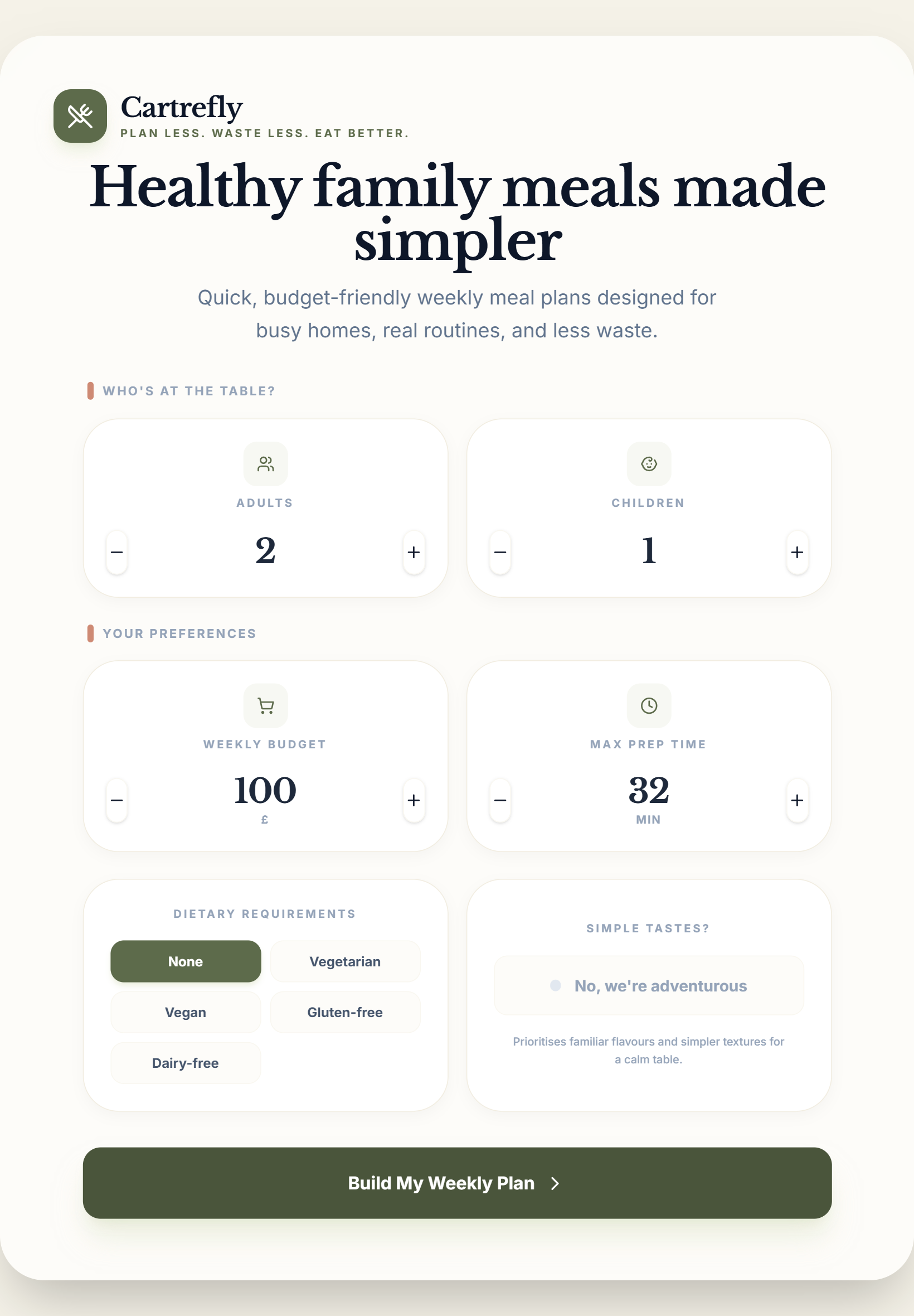 Cartrefly meal planning screen showing budget, family size and prep time settings