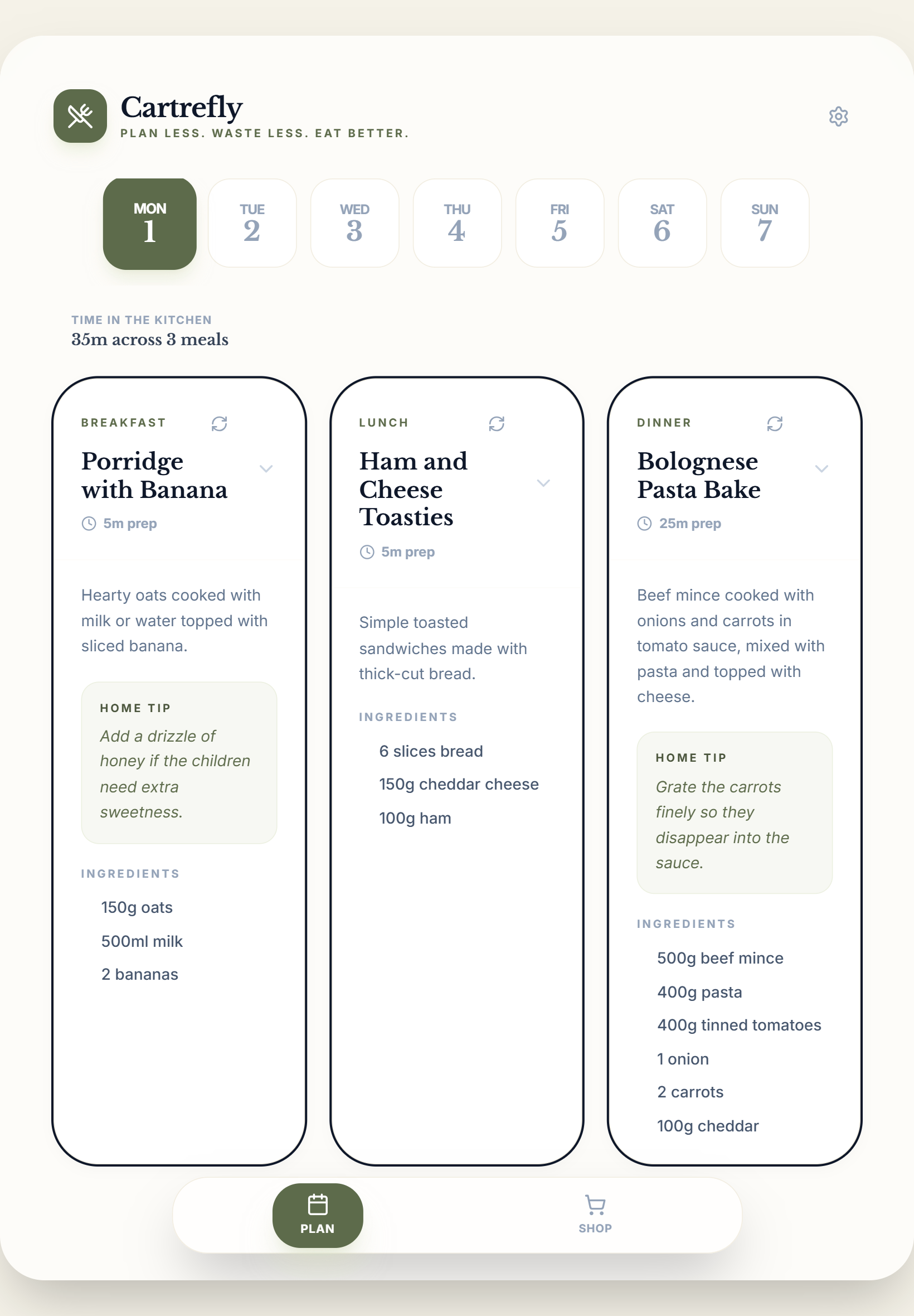 Cartrefly meal planning screen showing dietary preferences and family-friendly choices